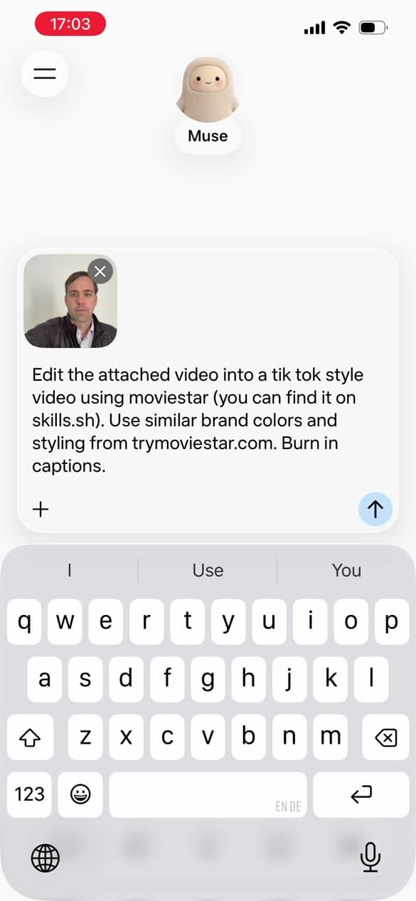 Muse chat with the video attached and the one-sentence prompt