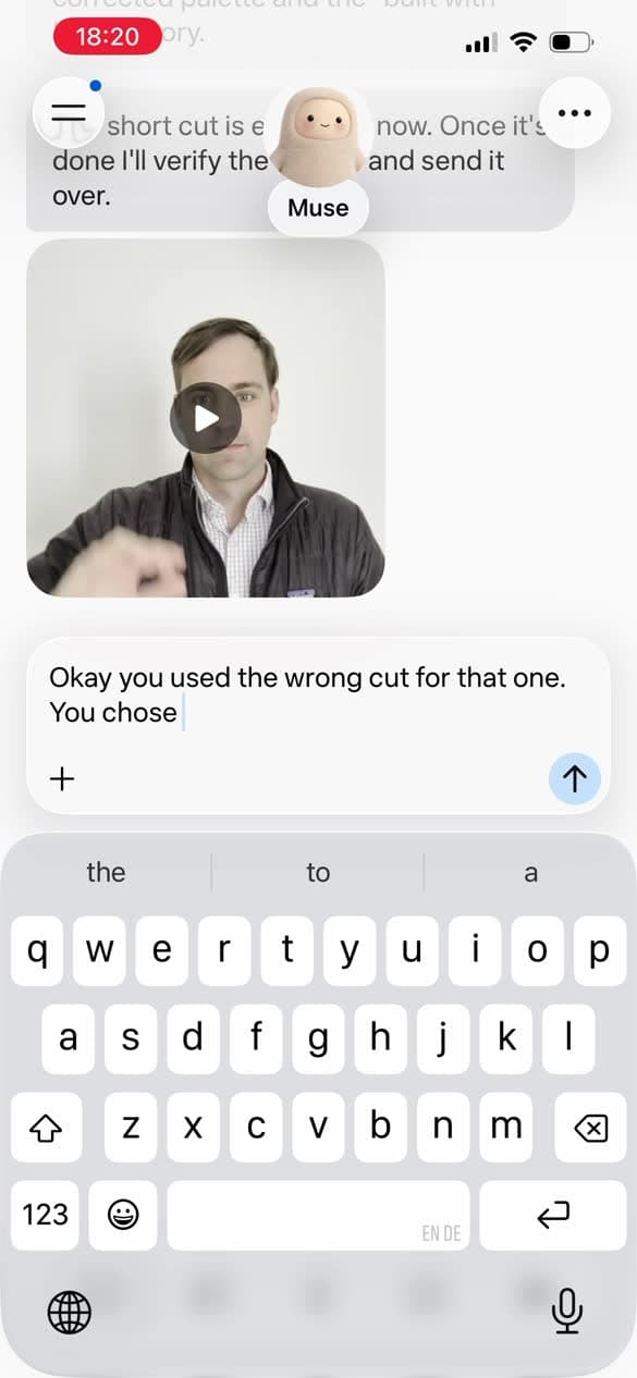Typing a correction to Muse after it used the wrong take